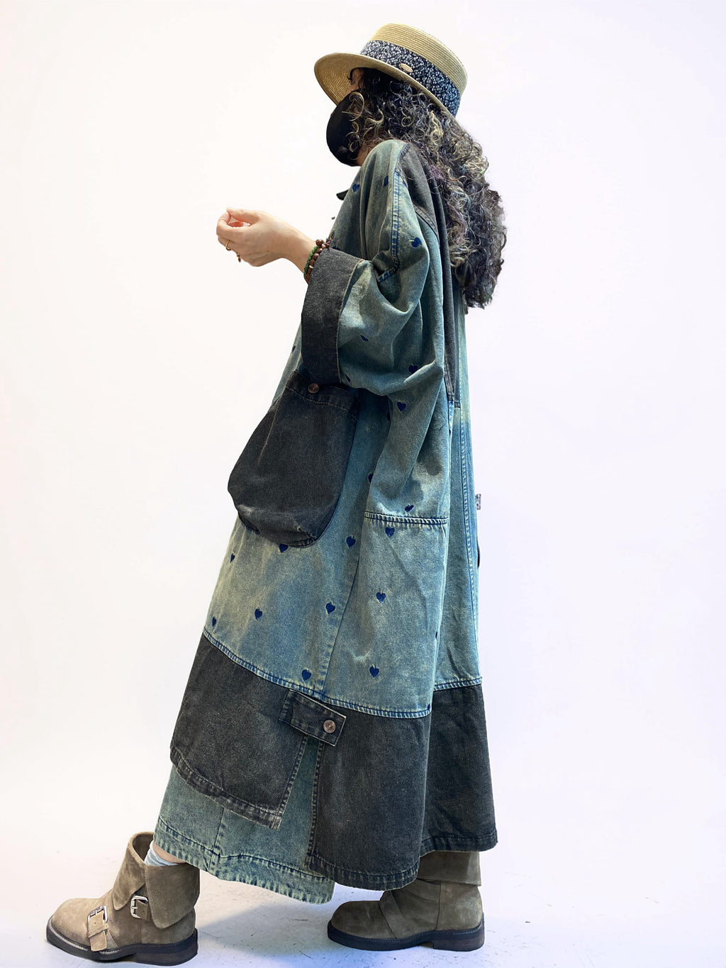 Side view of oversized patchwork dress
