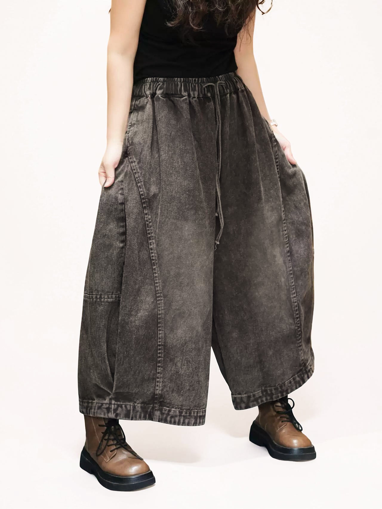 Vintage Washed Denim Hakama Pants, Oversized Wide Leg Hakama Trousers, Streetwear