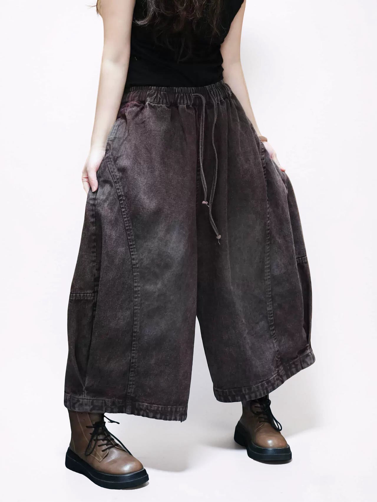 Vintage Washed Denim Hakama Pants, Oversized Wide Leg Hakama Trousers, Streetwear