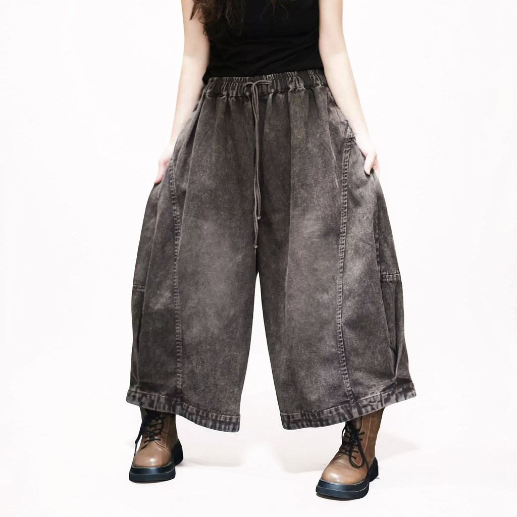 Vintage Washed Denim Hakama Pants, Oversized Wide Leg Hakama Trousers, Streetwear