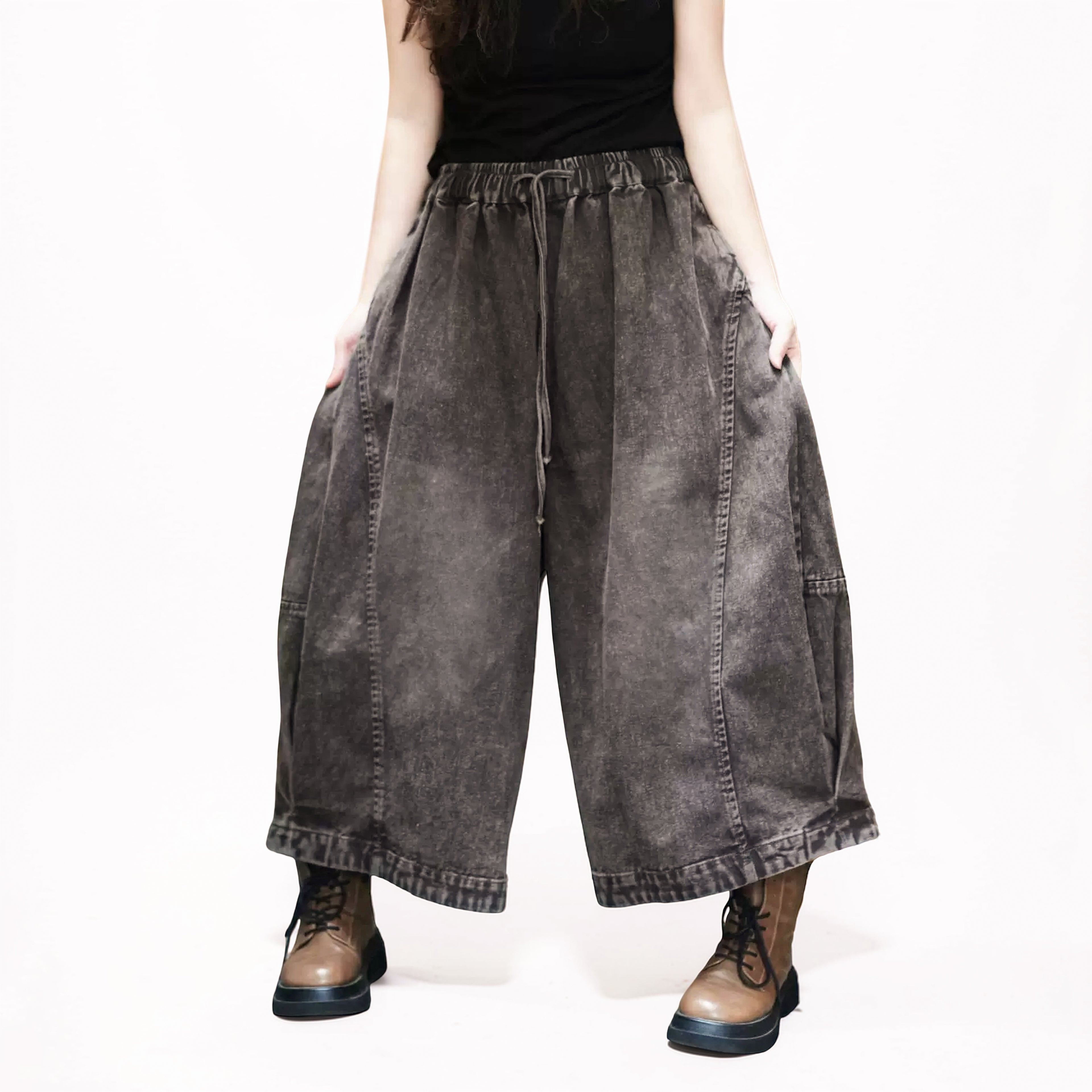Vintage Washed Denim Hakama Pants, Oversized Wide Leg Hakama Trousers, Streetwear