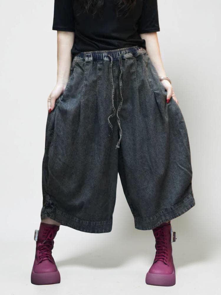 Smoky Black Patchwork Harem Pants: Washed Denim Look, Relaxed wide leg, Boho Style