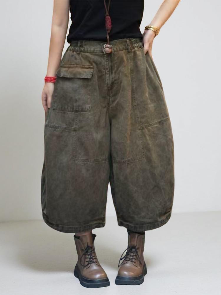 Washed Vintage Cargo Harem Pants | Wide-Leg Tapered Denim Look
