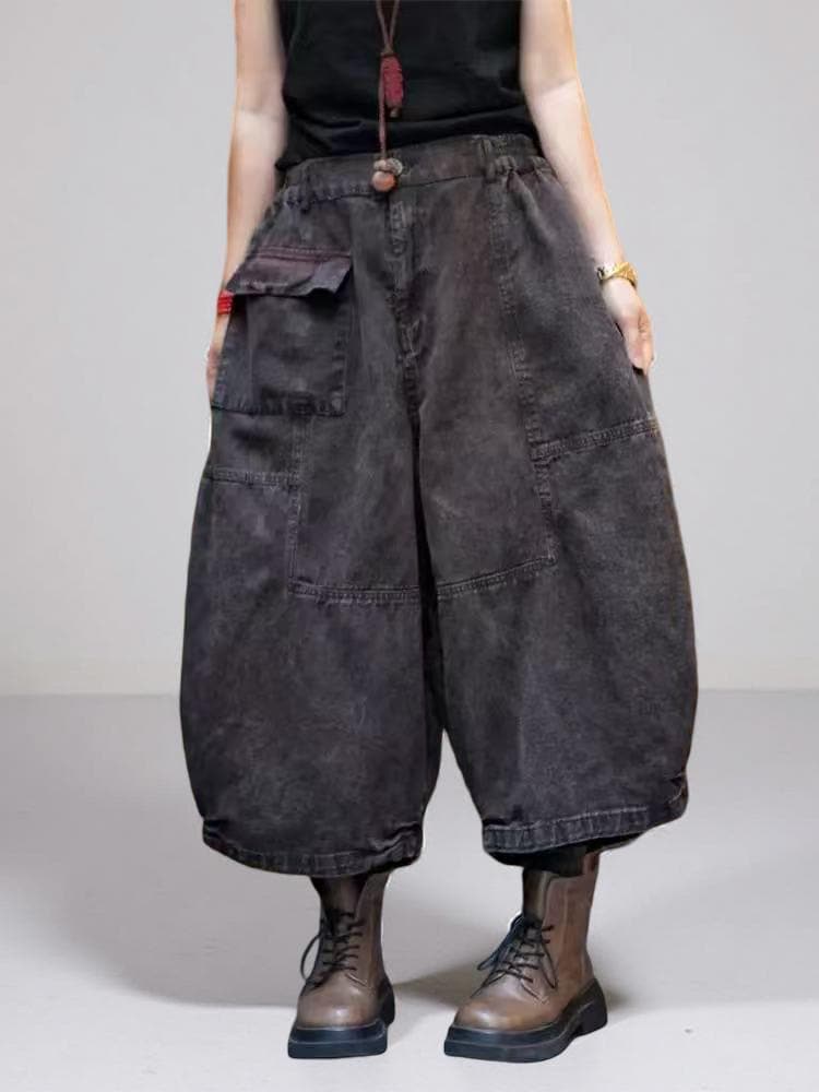 Washed Vintage Cargo Harem Pants | Wide-Leg Tapered Denim Look