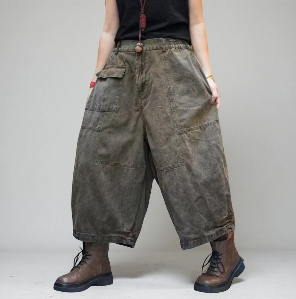 Washed Vintage Cargo Harem Pants | Wide-Leg Tapered Denim Look