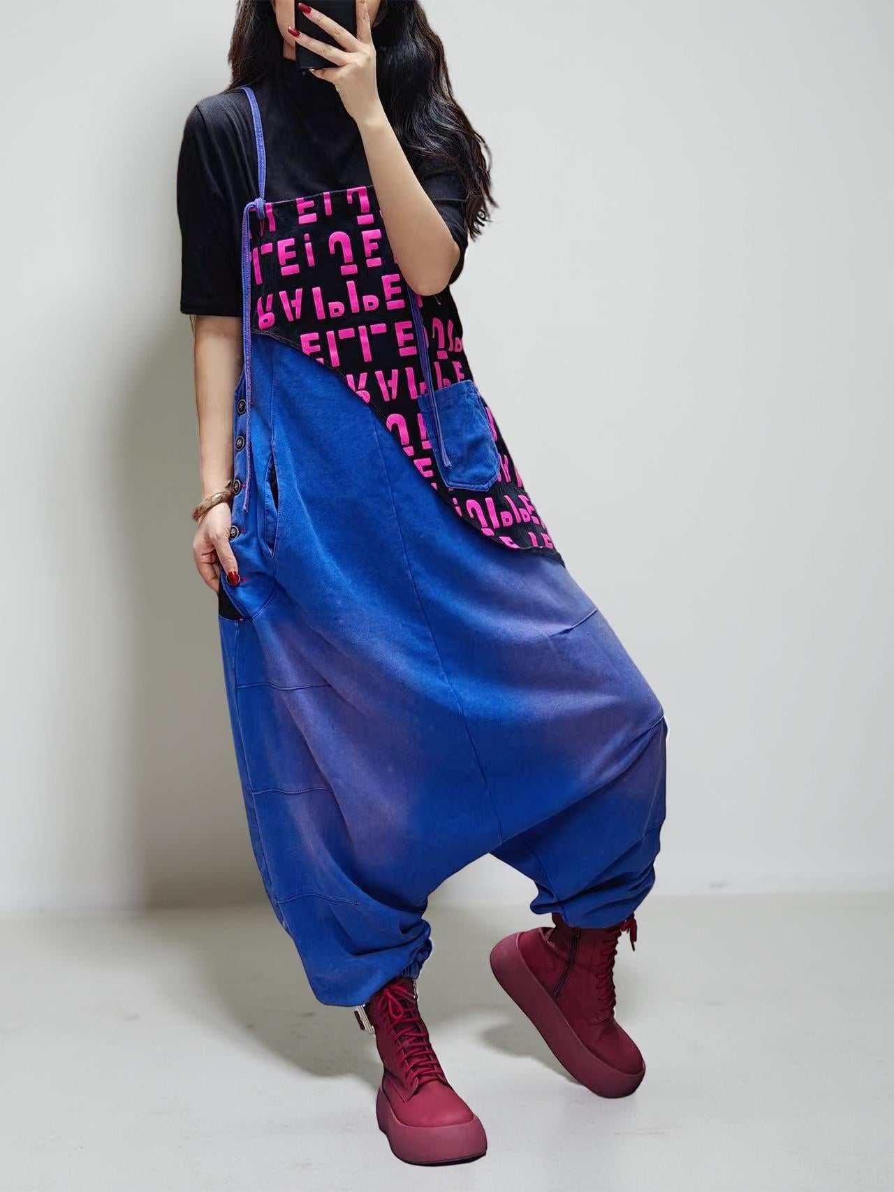Patchwork Bib Harem Overalls – Pink & Blue, Unisex Streetwear