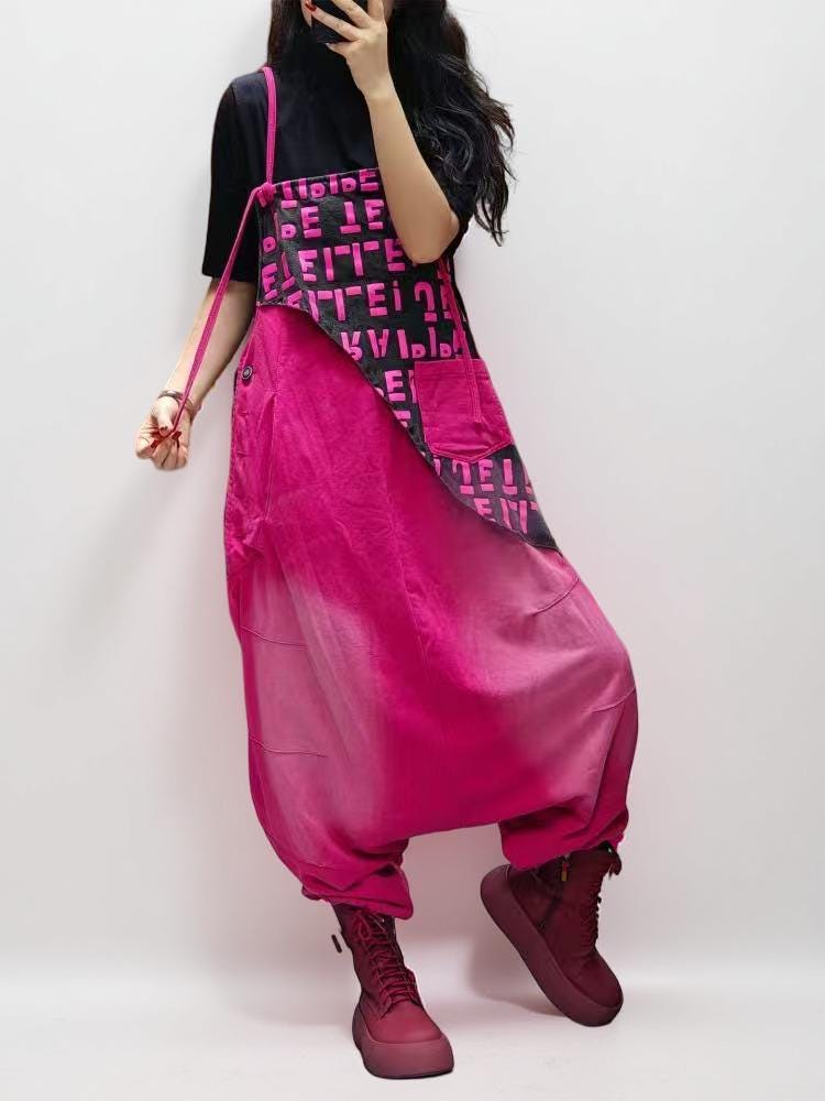 Patchwork Bib Harem Overalls – Pink & Blue, Unisex Streetwear