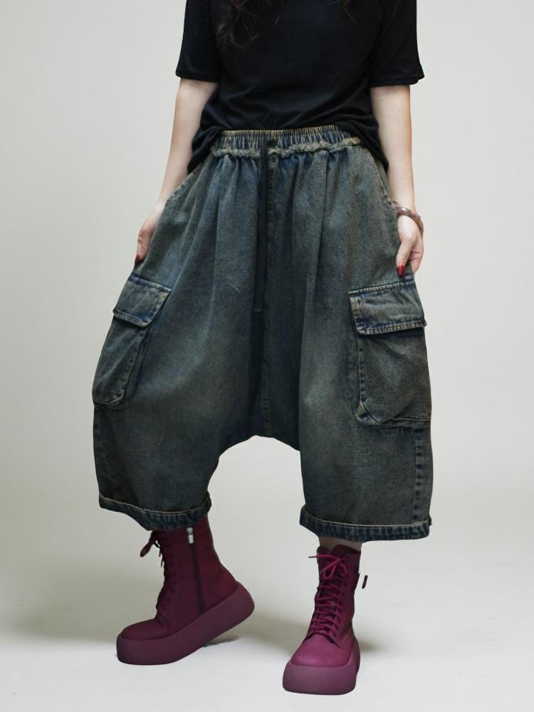 Vintage Washed Cargo Harem Pants- Unisex Loose Denim Streetwear, Baggy Jeans, Boho Drop Crotch