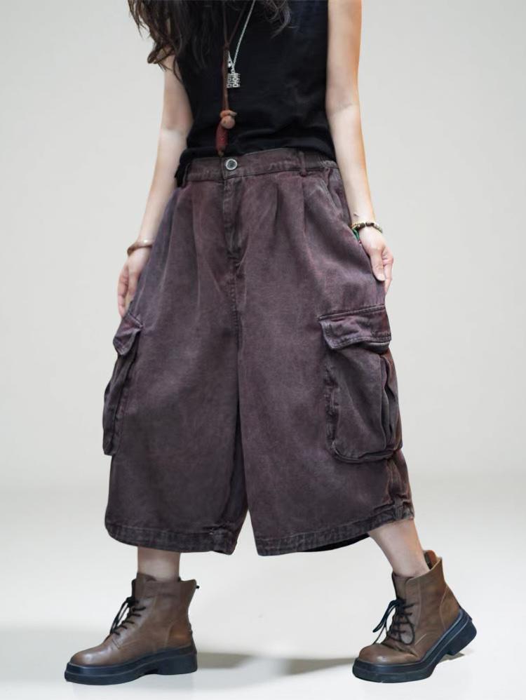 Vintage Washed Cropped Cargo Harem Pants -Unisex Mid-Calf Wide Leg Utility Pants, Drop Crotch