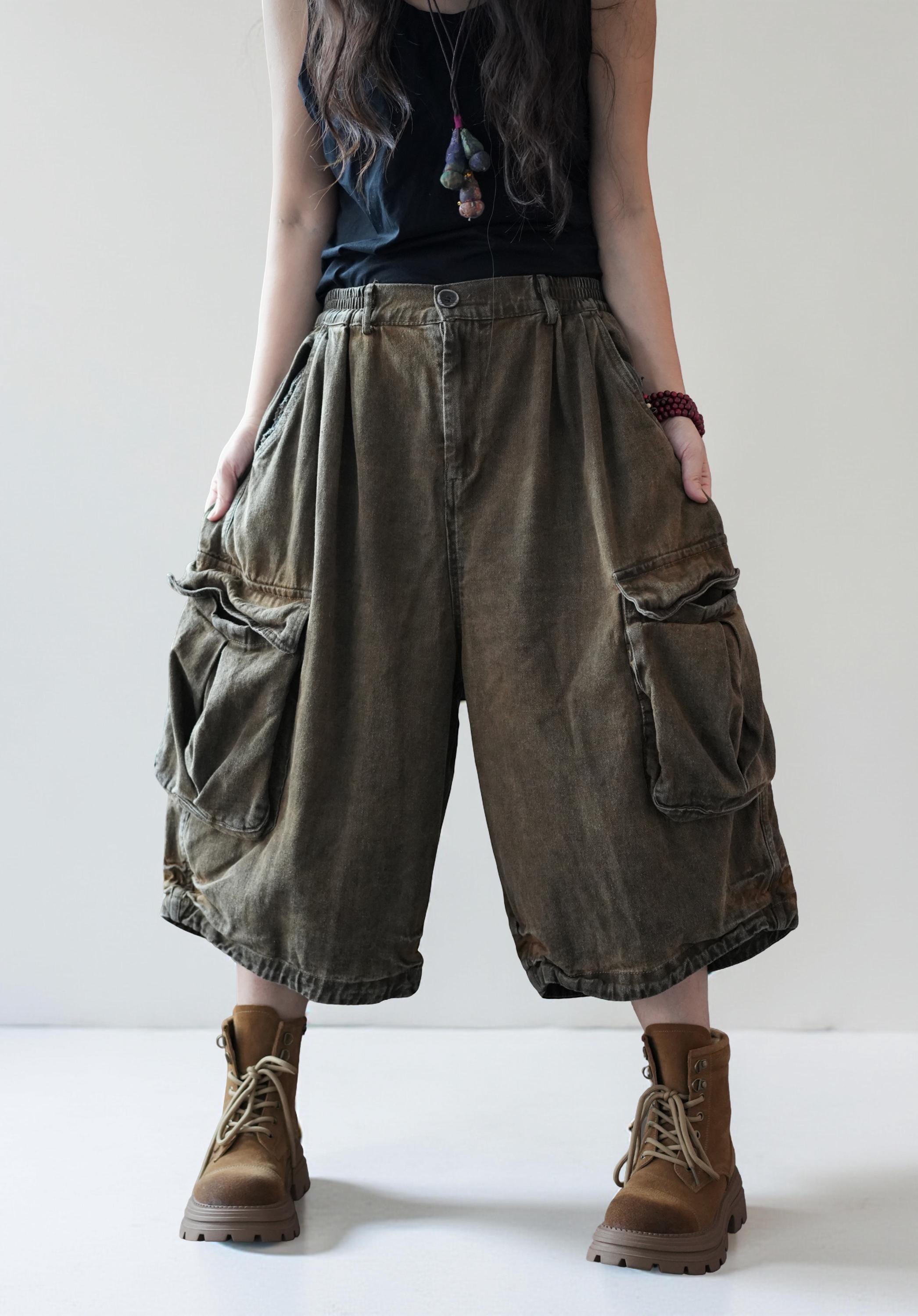 Vintage Washed Cropped Cargo Harem Pants -Unisex Mid-Calf Wide Leg Utility Pants, Drop Crotch