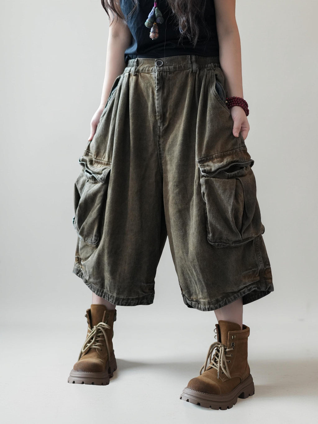 Vintage Washed Cropped Cargo Harem Pants -Unisex Mid-Calf Wide Leg Utility Pants, Drop Crotch