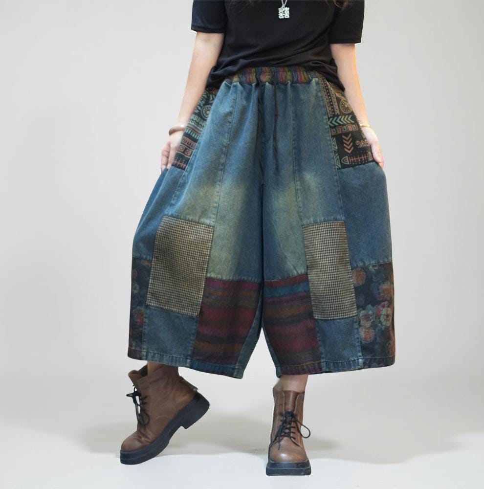 Patchwork Denim Harem Pants | Boho Wide Leg Jeans | Vintage Artsy Loose Pants | Casual Streetwear