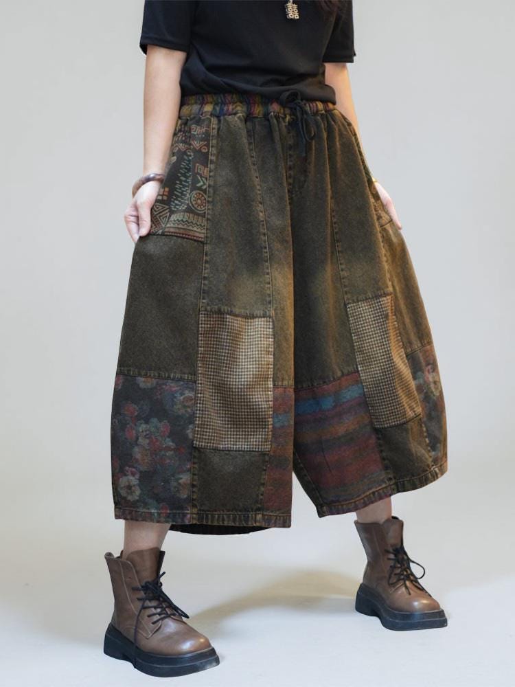 Patchwork Denim Harem Pants | Boho Wide Leg Jeans | Vintage Artsy Loose Pants | Casual Streetwear