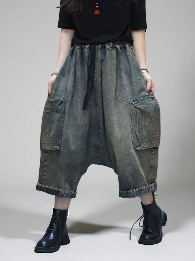 Loose Denim Harem Pants  | Oversized Cargo Pants | Boho Drop CrotchTrousers | Unisex Streetwear