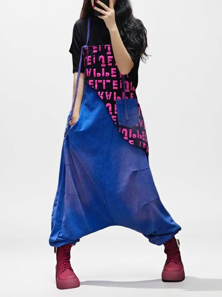 Patchwork Bib Harem Overalls – Pink & Blue, Unisex Streetwear