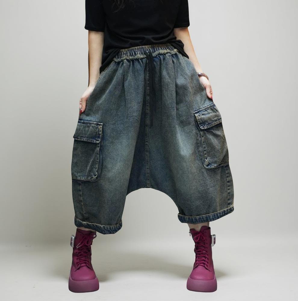 Vintage Washed Cargo Harem Pants- Unisex Loose Denim Streetwear, Baggy Jeans, Boho Drop Crotch