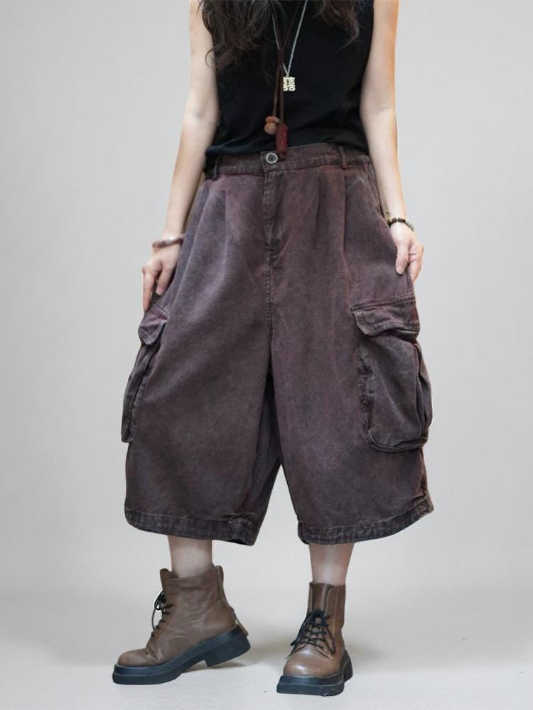 Vintage Washed Cropped Cargo Harem Pants -Unisex Mid-Calf Wide Leg Utility Pants, Drop Crotch