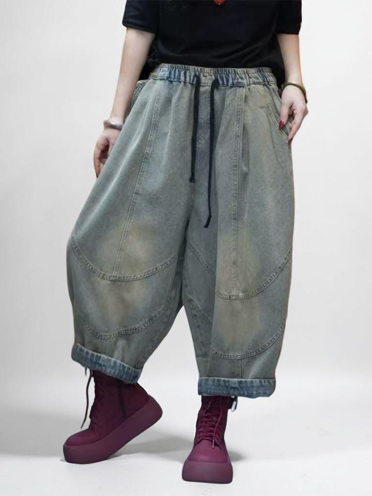 Patchwork Harem Pants: Washed Denim Look, Boho Drop Crotch Trousers
