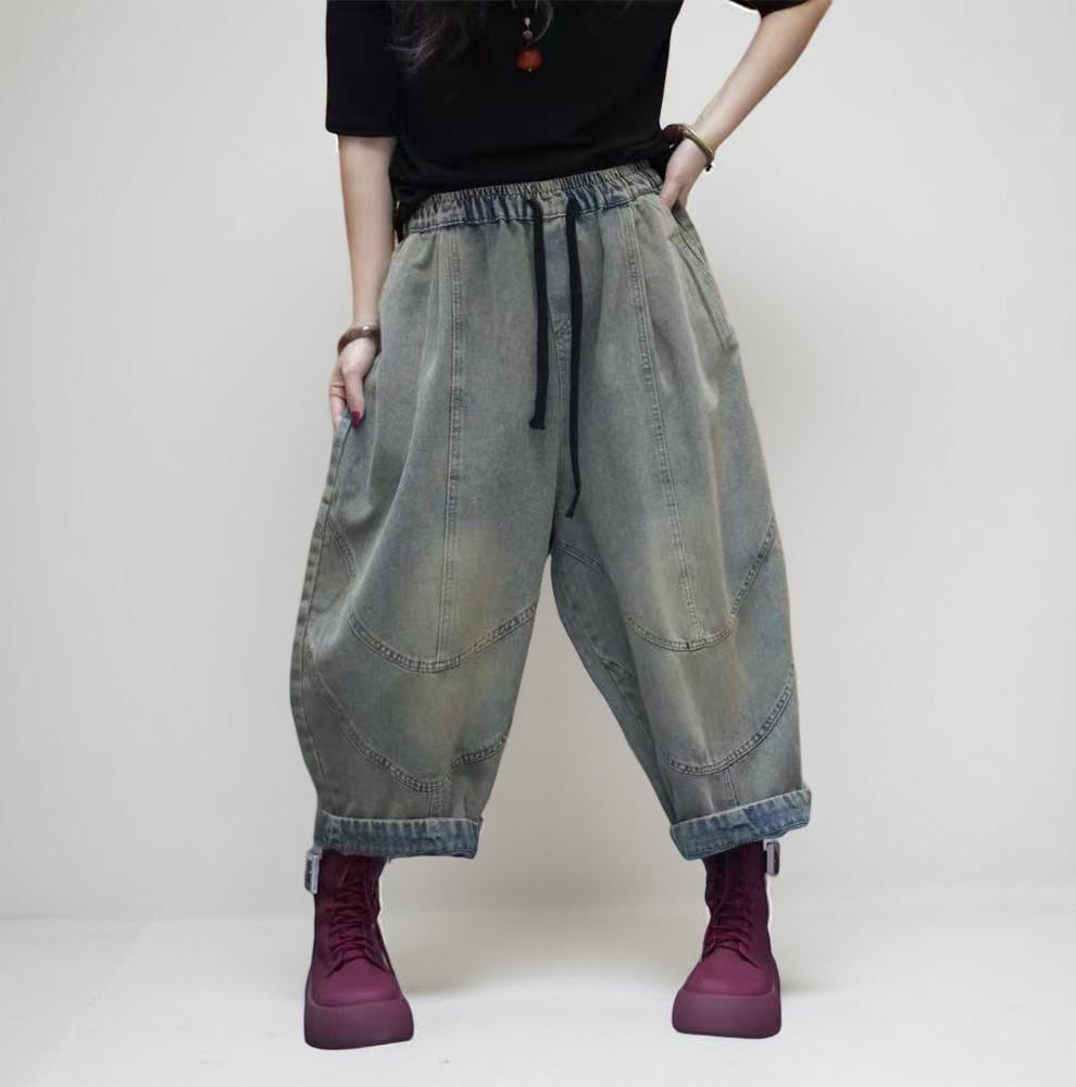 Patchwork Harem Pants: Washed Denim Look, Boho Drop Crotch Trousers