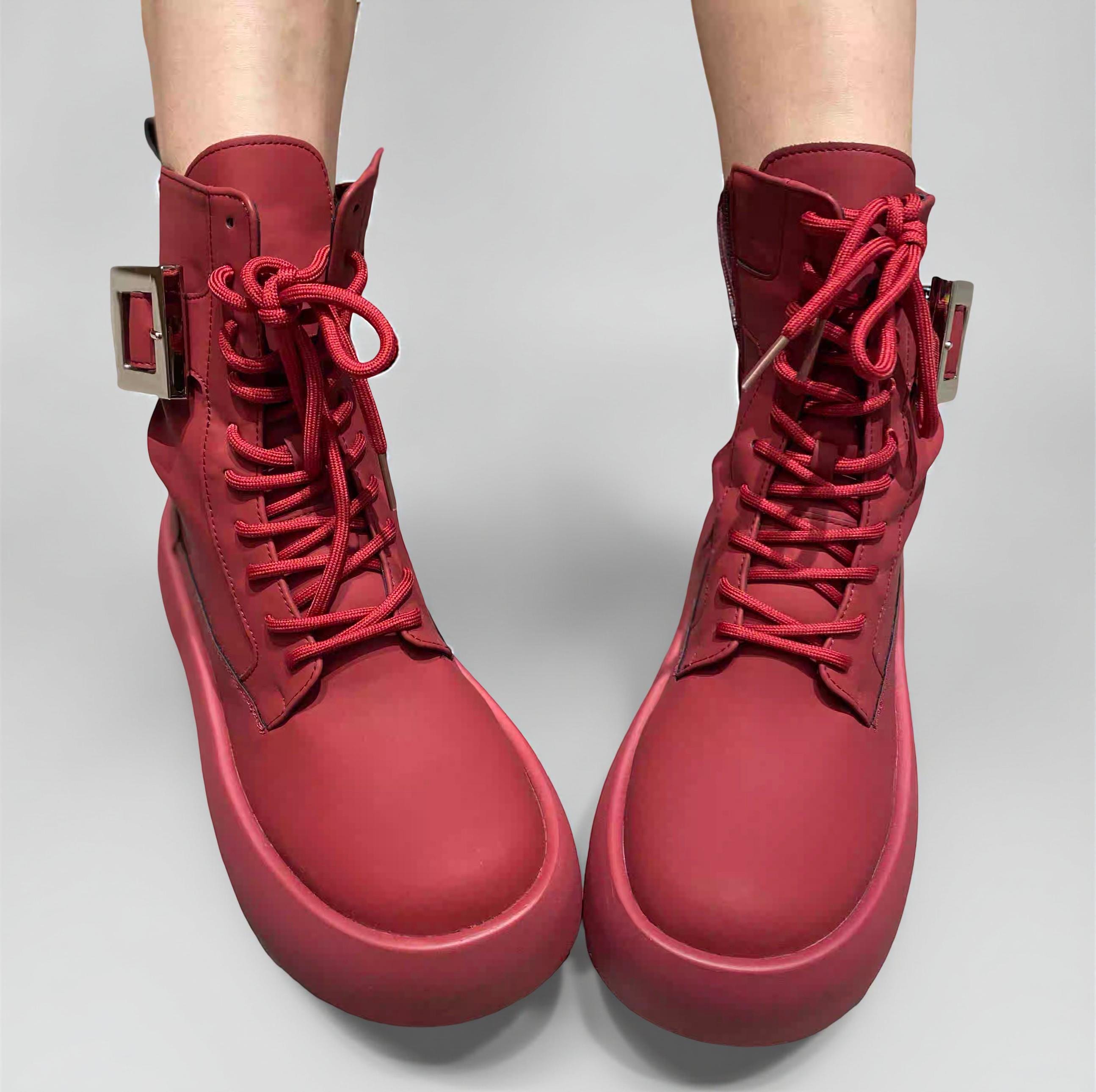 Red Leather Combat Boots, Chunky Platform Ankle Boots, Lace-Up Shoes, Spring Fall Boots, Street Style, Minimal Everyday Wear