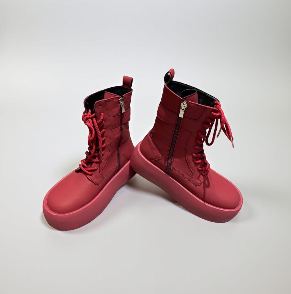 Red Leather Combat Boots, Chunky Platform Ankle Boots, Lace-Up Shoes, Spring Fall Boots, Street Style, Minimal Everyday Wear