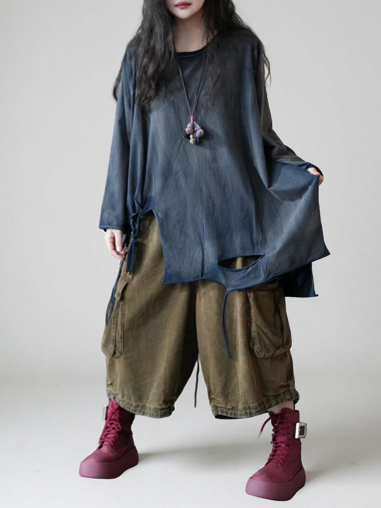 Hand Dyed Cotton Tunic Top | Asymmetrical Art Shirt, Oversized Fit