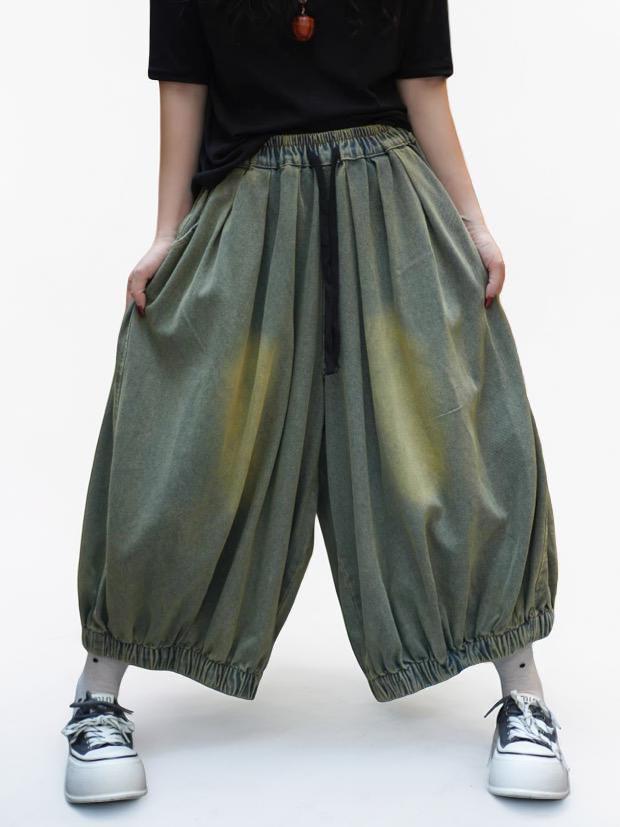 Washed Denim Harem Pants,  Oversized Lantern Pants, Wide Leg Crotch Trousers