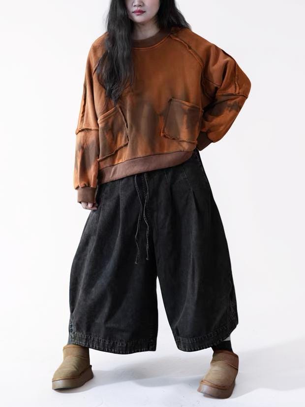 Vintage Hand-Dyed Sweatshirt, Midweight Fleece-Lined Oversized Cropped Pullover, Distressed Patchwork Top