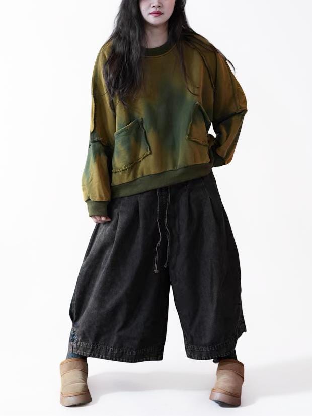 Vintage Hand-Dyed Sweatshirt, Midweight Fleece-Lined Oversized Cropped Pullover, Distressed Patchwork Top