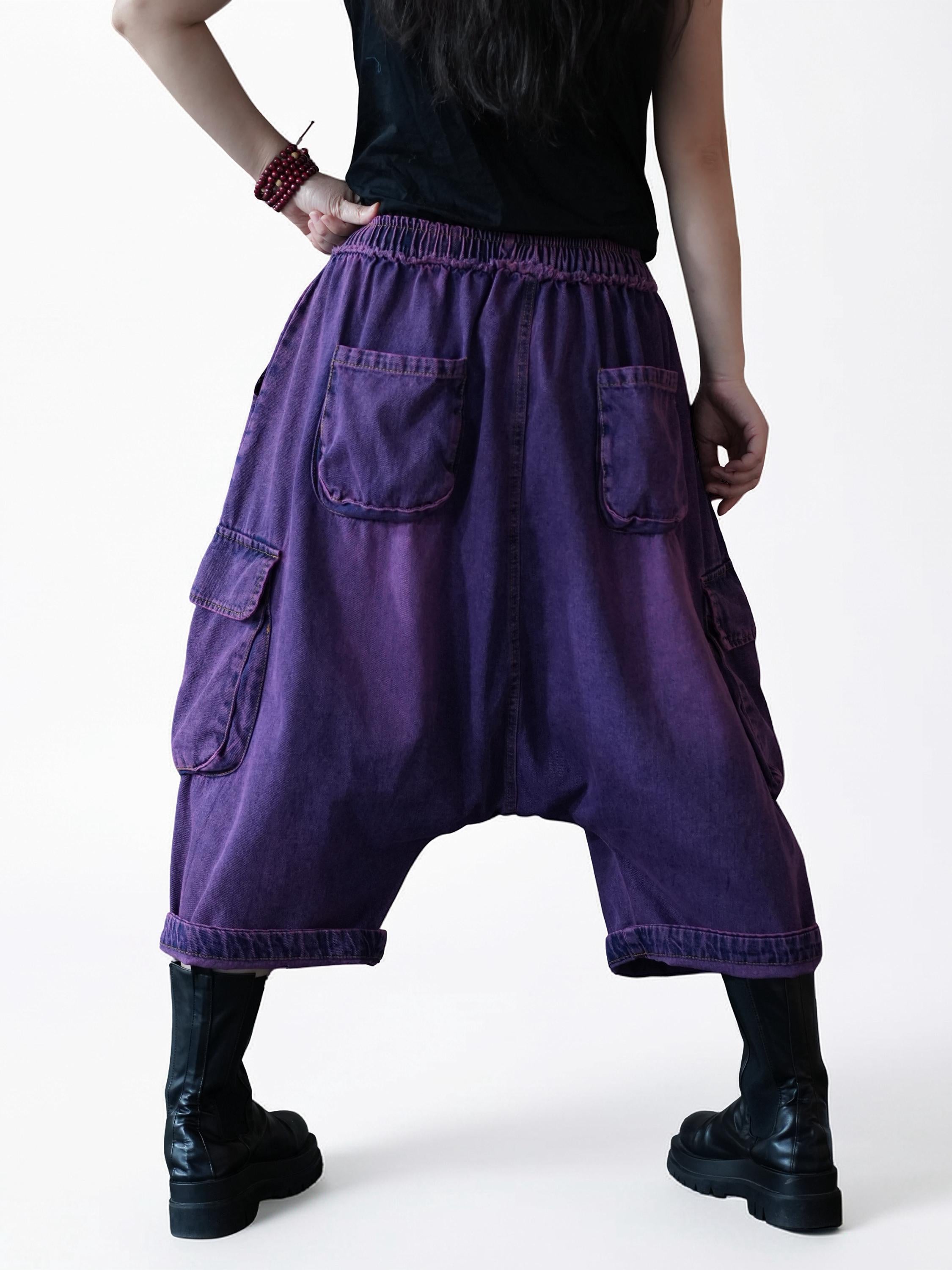 Vintage Washed Cargo Harem Pants- Unisex Loose Denim Streetwear, Baggy Jeans, Boho Drop Crotch