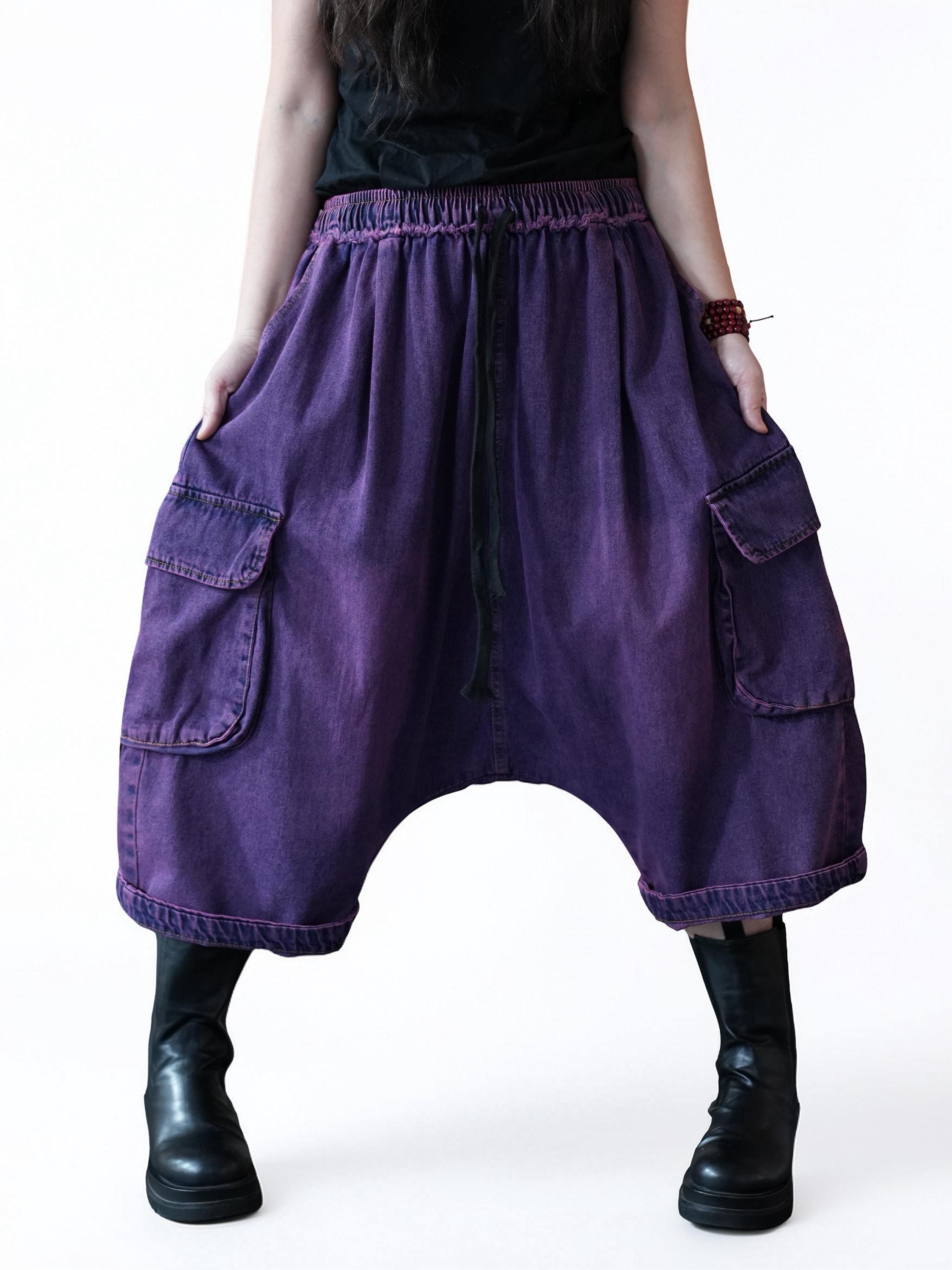 Vintage Washed Cargo Harem Pants- Unisex Loose Denim Streetwear, Baggy Jeans, Boho Drop Crotch