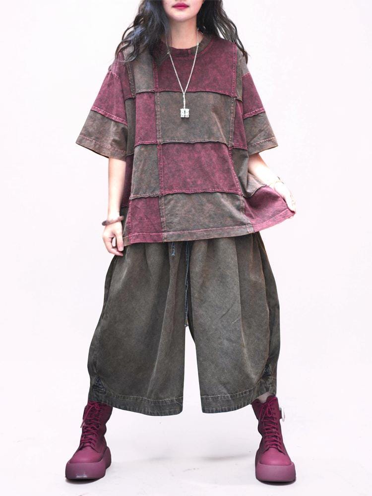 Patchwork Harem Pants: Washed Denim Look, Relaxed wide leg, Boho Style