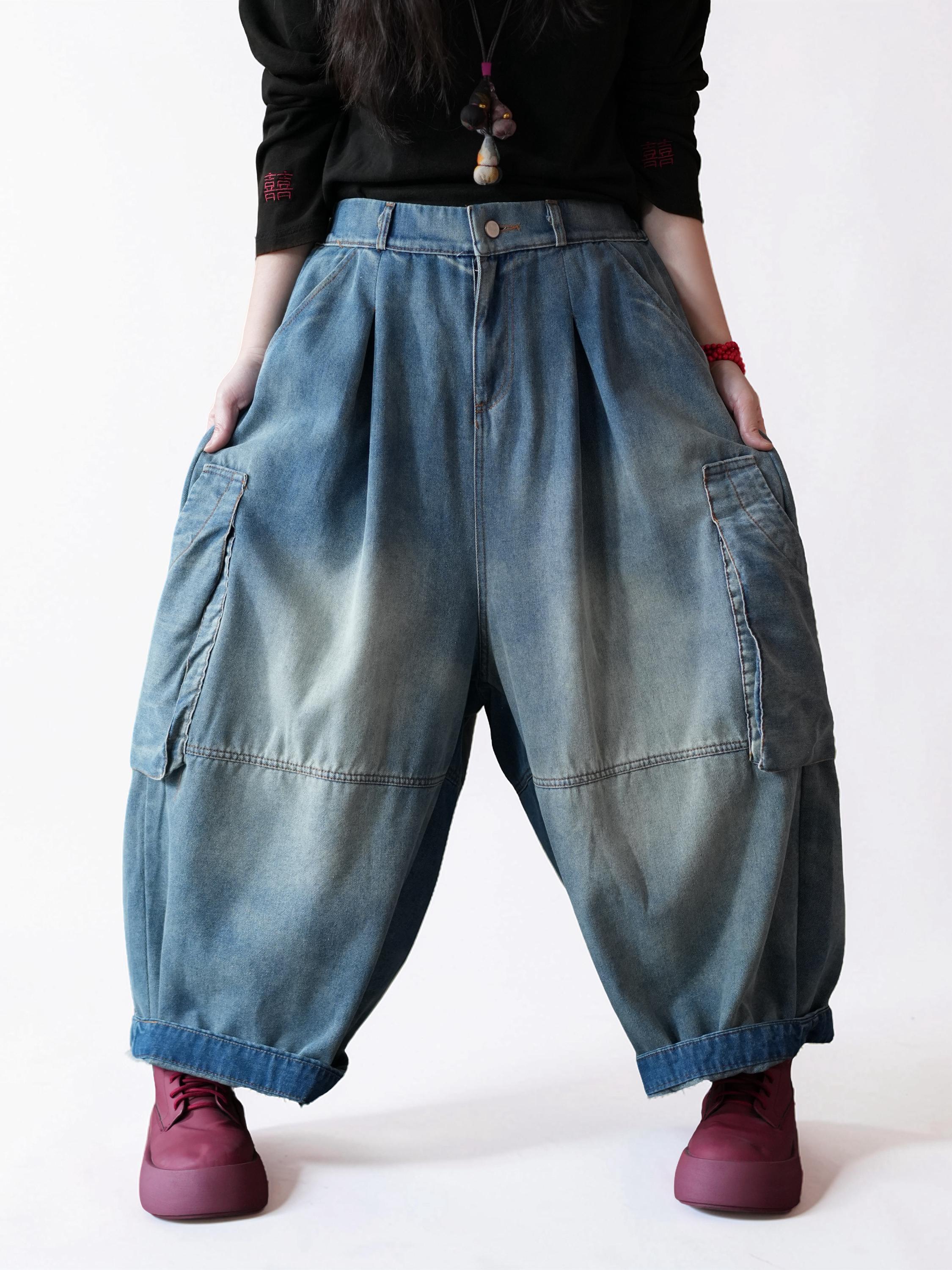 Vintage Washed Workwear Pants | High Waist Balloon Jeans, Artisan Dyed Cargo Style