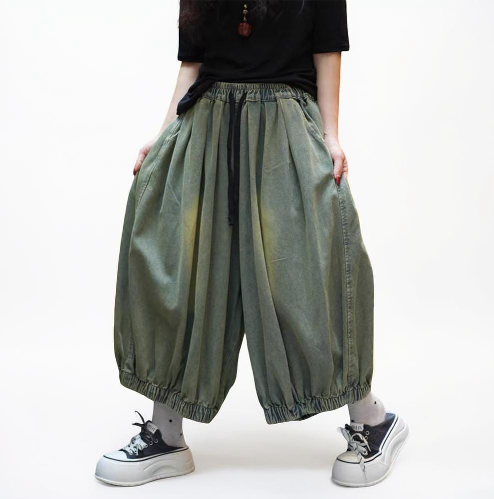 Washed Denim Harem Pants,  Oversized Lantern Pants, Wide Leg Crotch Trousers