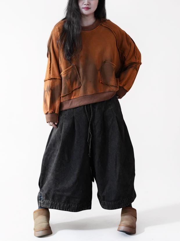 Vintage Hand-Dyed Sweatshirt, Midweight Fleece-Lined Oversized Cropped Pullover, Distressed Patchwork Top