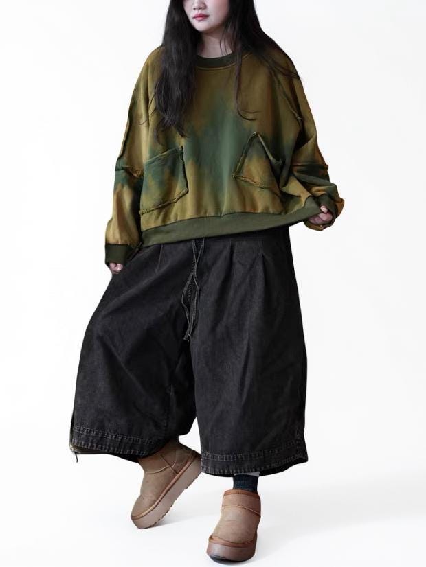 Vintage Hand-Dyed Sweatshirt, Midweight Fleece-Lined Oversized Cropped Pullover, Distressed Patchwork Top