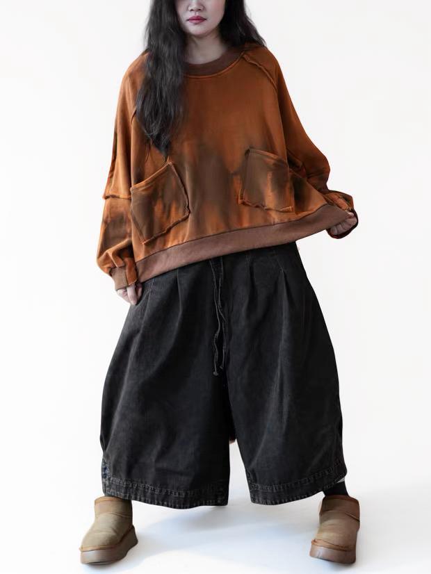 Vintage Hand-Dyed Sweatshirt, Midweight Fleece-Lined Oversized Cropped Pullover, Distressed Patchwork Top
