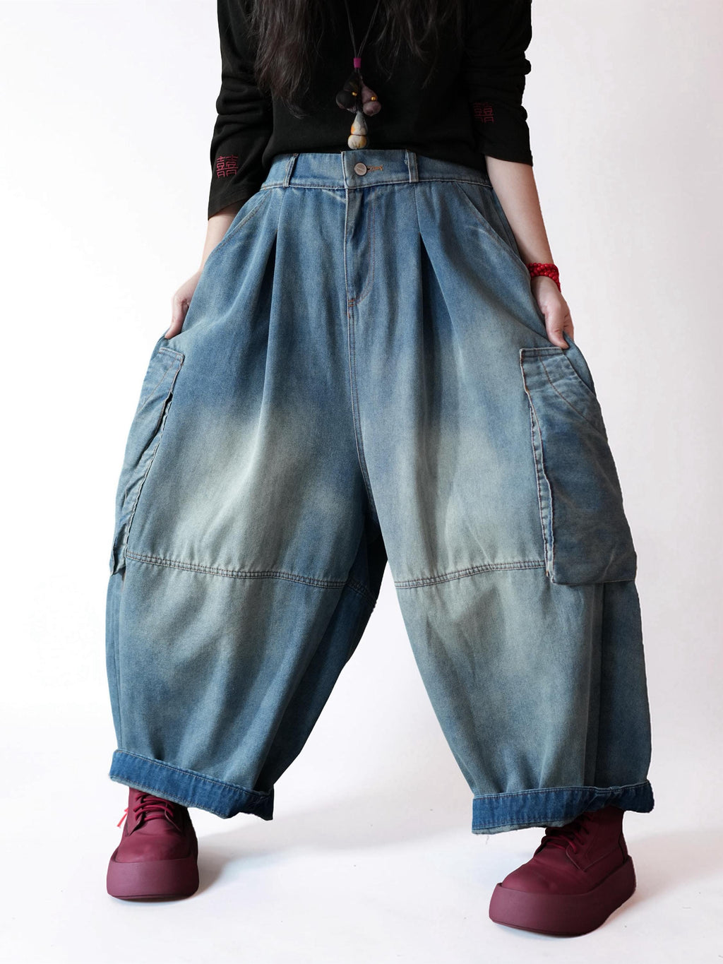 Vintage Washed Workwear Pants | High Waist Balloon Jeans, Artisan Dyed Cargo Style