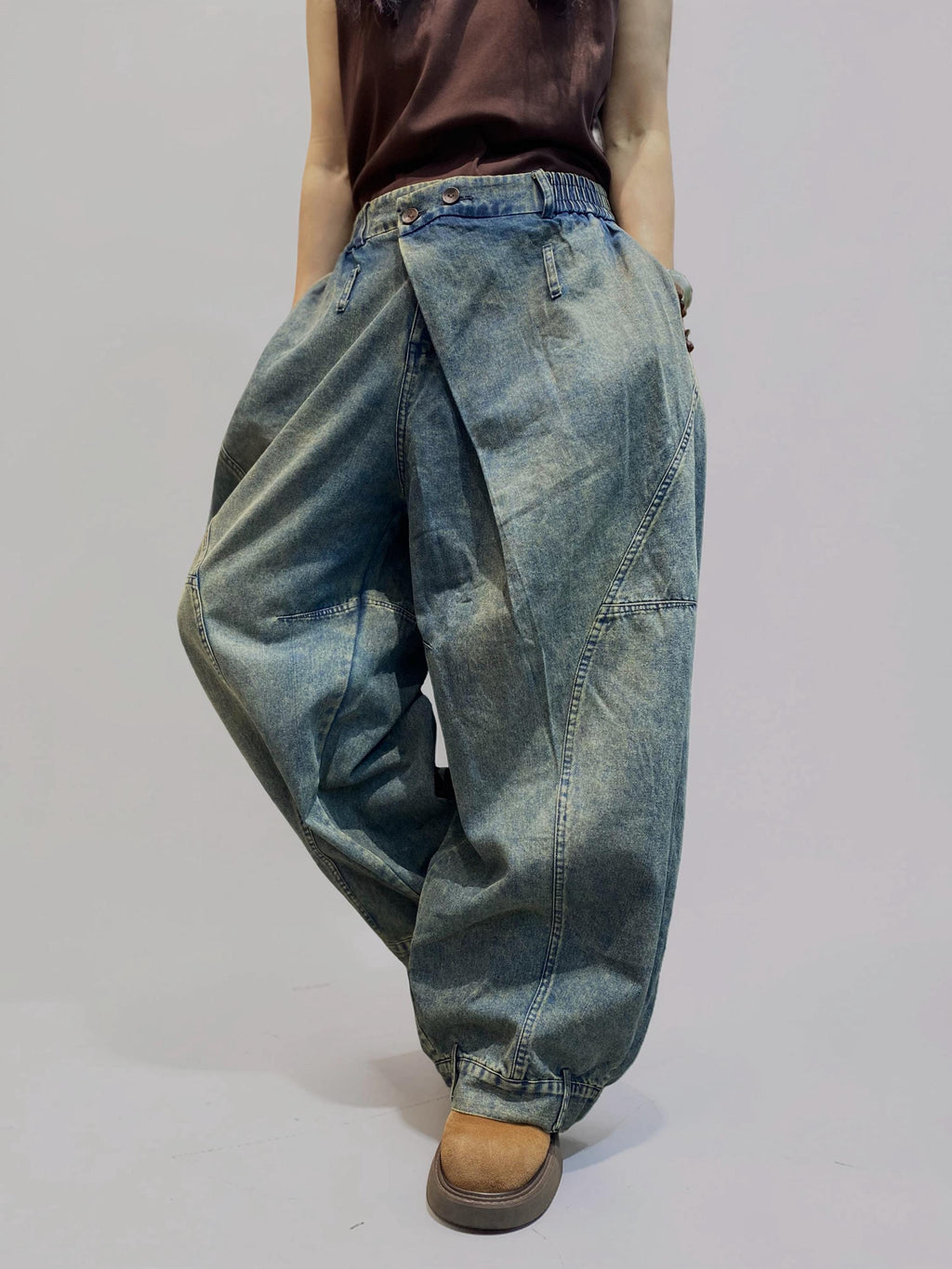 Washed Denim Harem Pants, Wide Leg Drop Crotch, Boho Streetwear Trousers