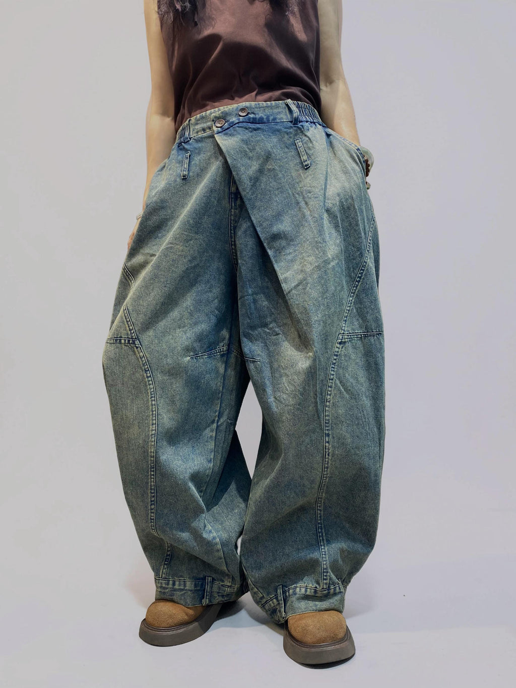 Washed Denim Harem Pants, Wide Leg Drop Crotch, Boho Streetwear Trousers