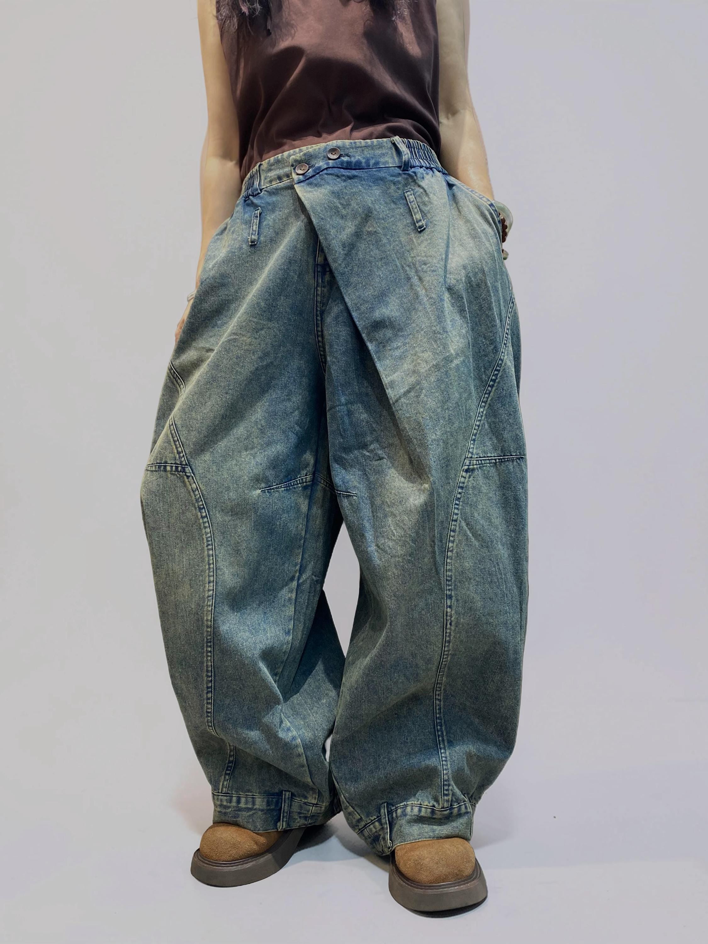 Washed Denim Harem Pants, Wide Leg Drop Crotch, Boho Streetwear Trousers