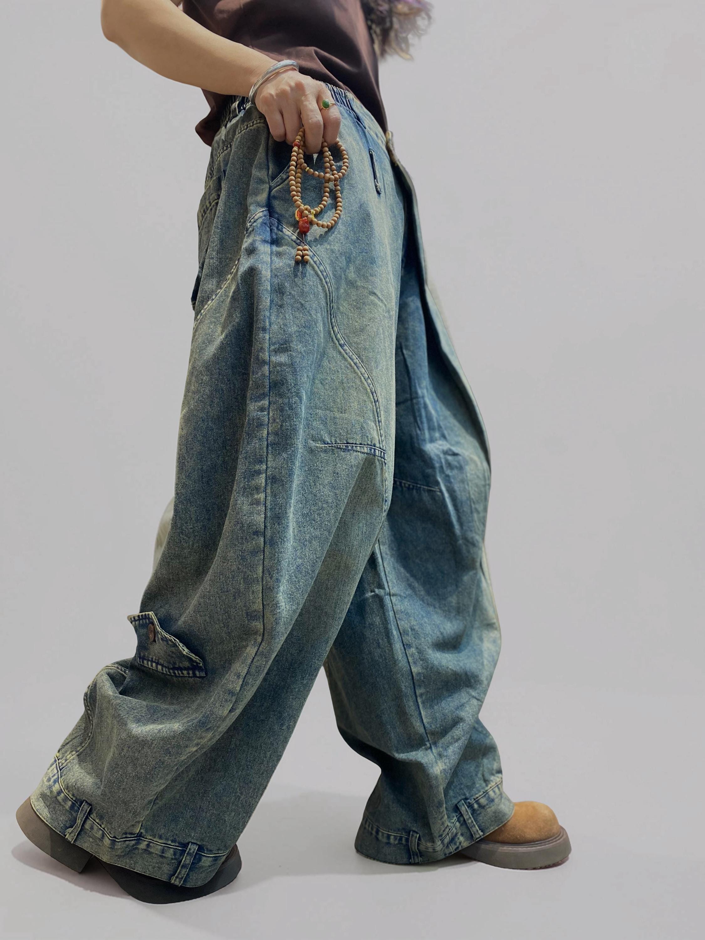 Washed Denim Harem Pants, Wide Leg Drop Crotch, Boho Streetwear Trousers