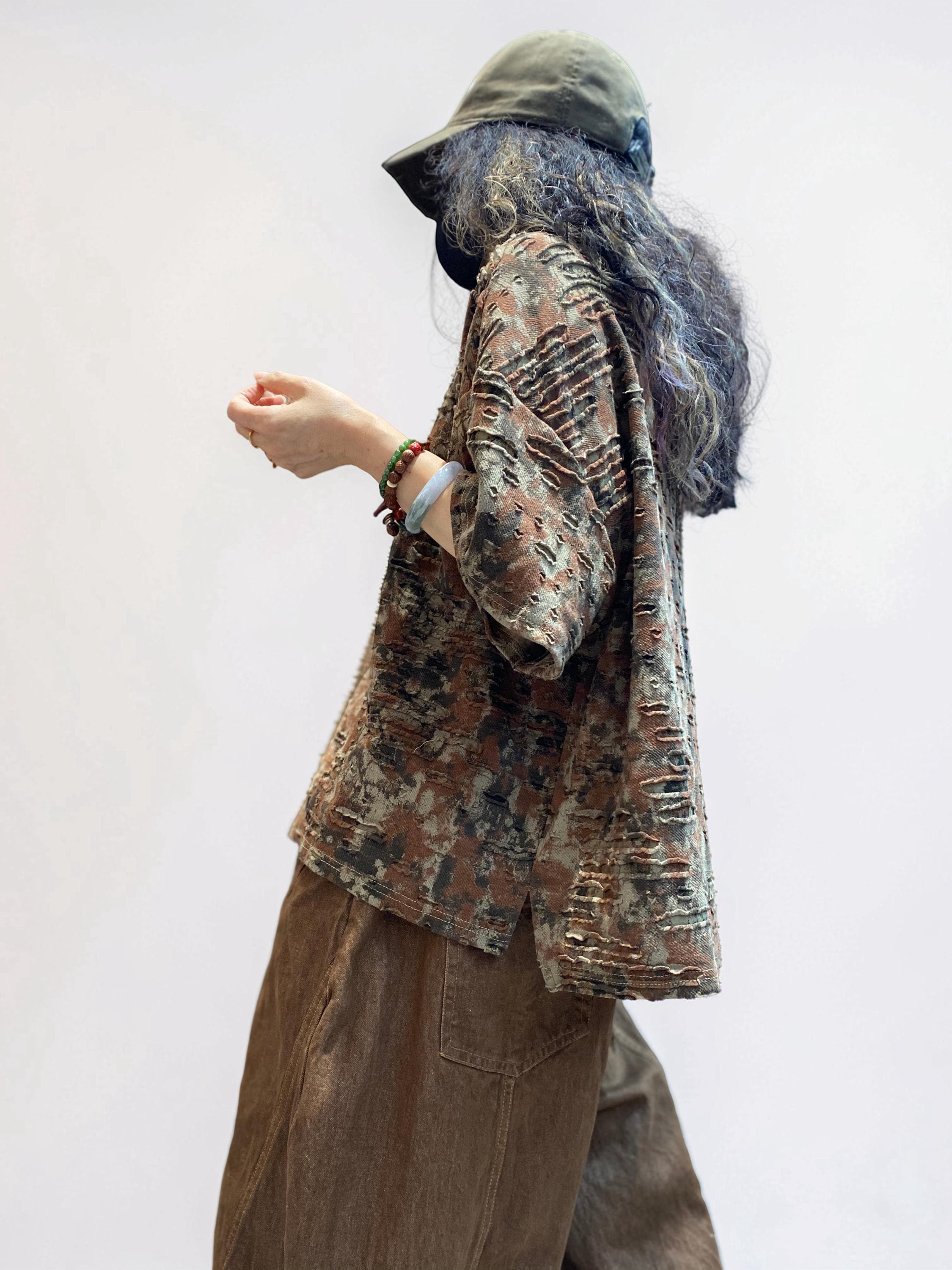 Distressed Double-Layer Cut Fabric Top, Oversized Artsy Avant-Garde Tee