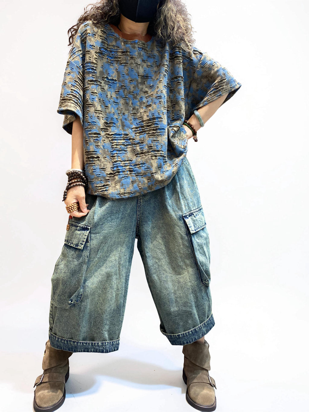 Distressed Double-Layer Cut Fabric Top, Oversized Artsy Avant-Garde Tee
