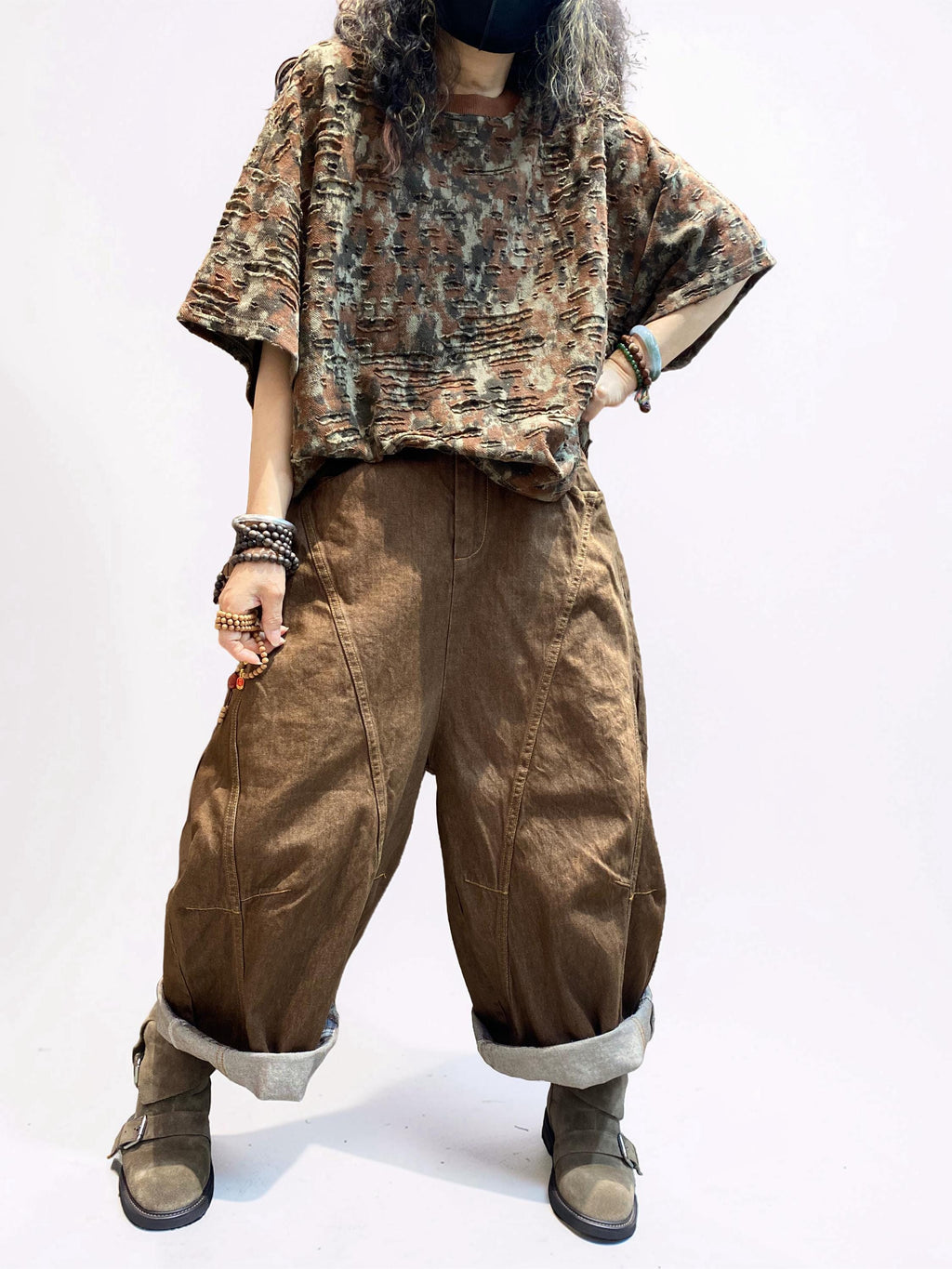 Distressed Double-Layer Cut Fabric Top, Oversized Artsy Avant-Garde Tee
