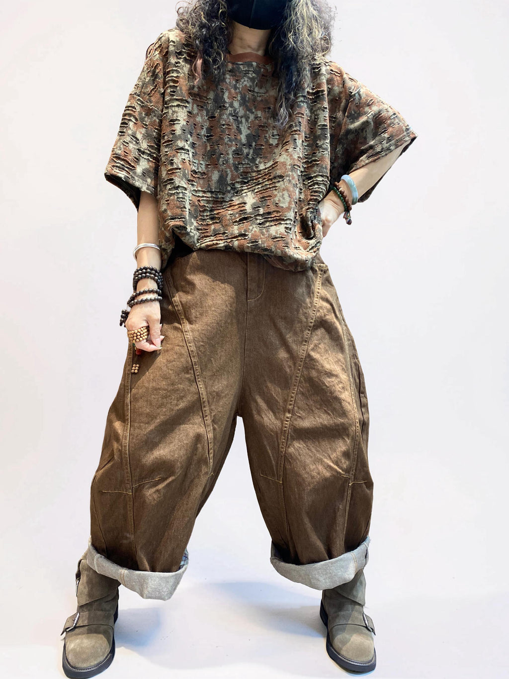 Distressed Double-Layer Cut Fabric Top, Oversized Artsy Avant-Garde Tee