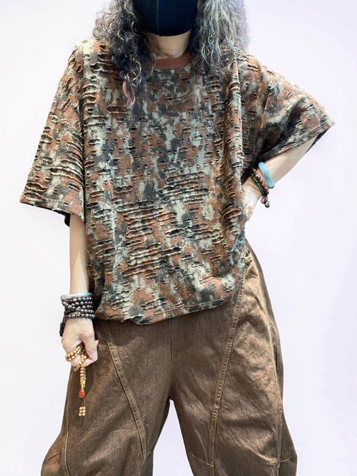 Distressed Double-Layer Cut Fabric Top, Oversized Artsy Avant-Garde Tee