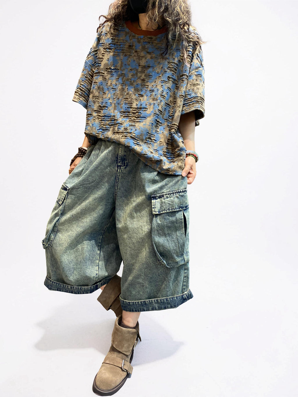 Distressed Double-Layer Cut Fabric Top, Oversized Artsy Avant-Garde Tee