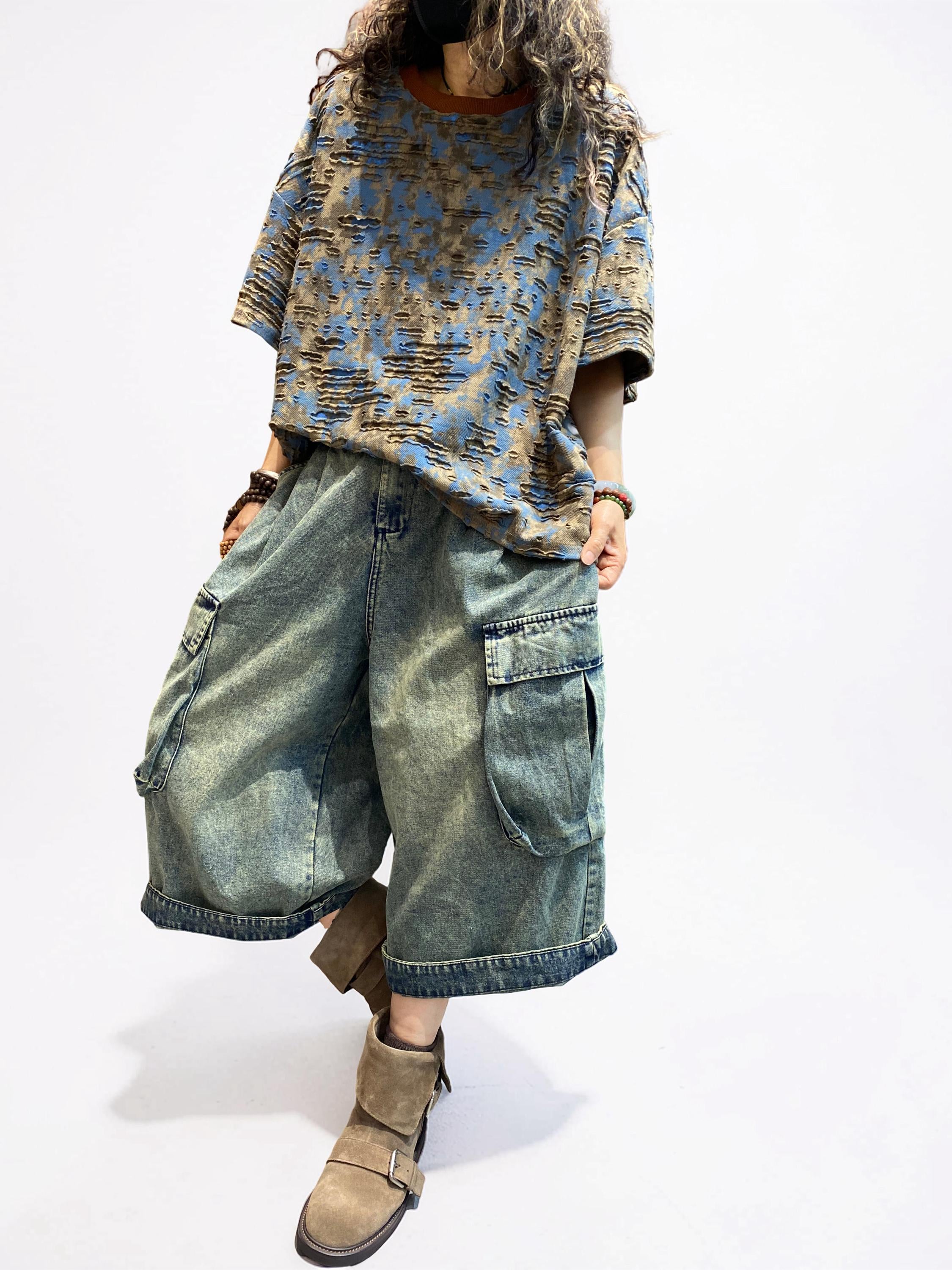 Distressed Double-Layer Cut Fabric Top, Oversized Artsy Avant-Garde Tee