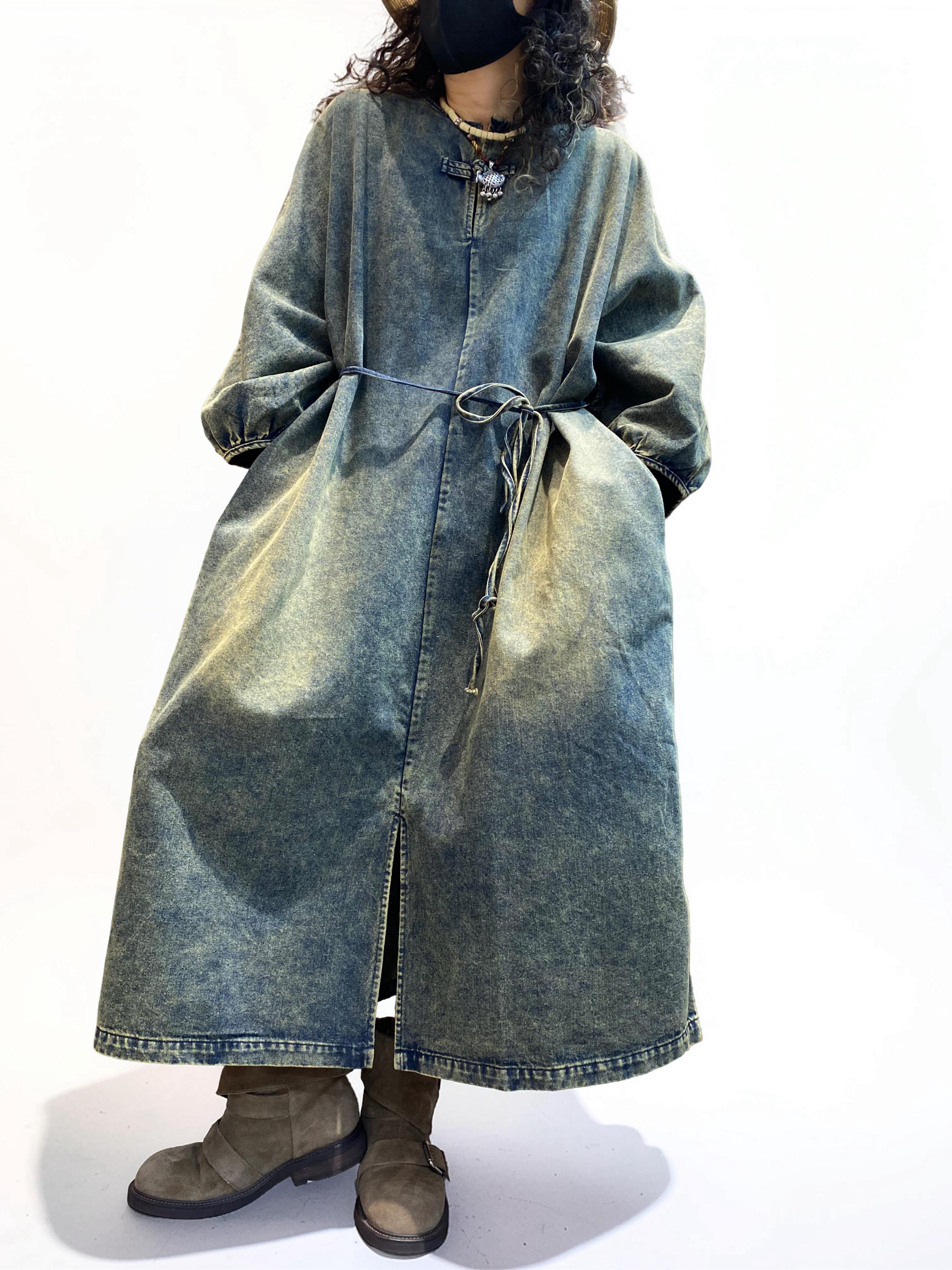 Vintage Washed Denim Maxi Dress | Oversized Cocoon Silhouette, Lantern Sleeves, Standing Collar